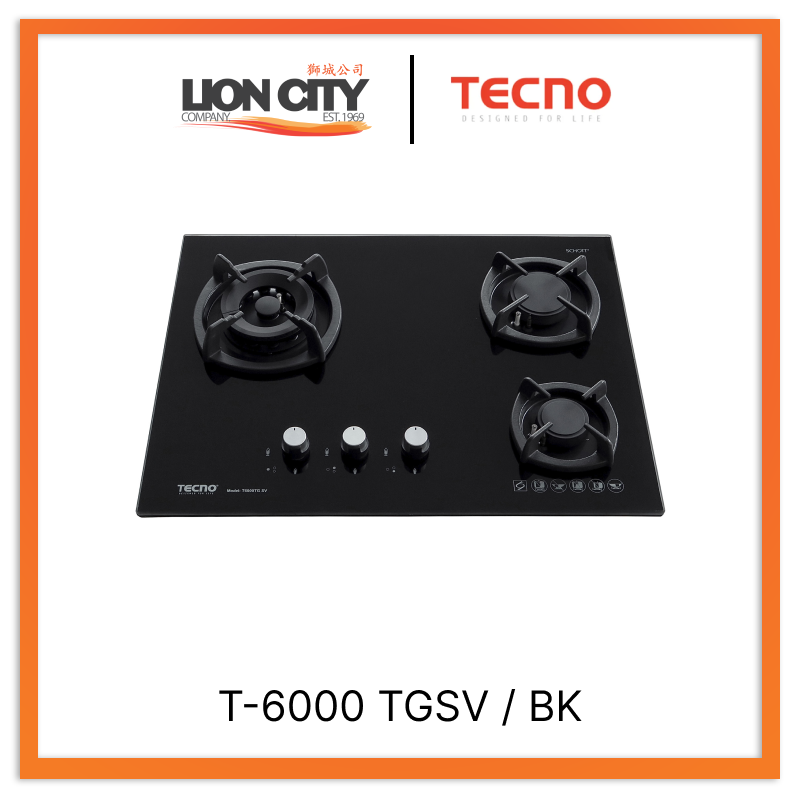 Tecno Uno T-6000 TGSV / BK Toughened Glass Hob (SCHOTT) Black 65cm, V.V.S, INFERNO* (Big Burner) 3 Burner (1x Big, 1x Medium, 1x Small)