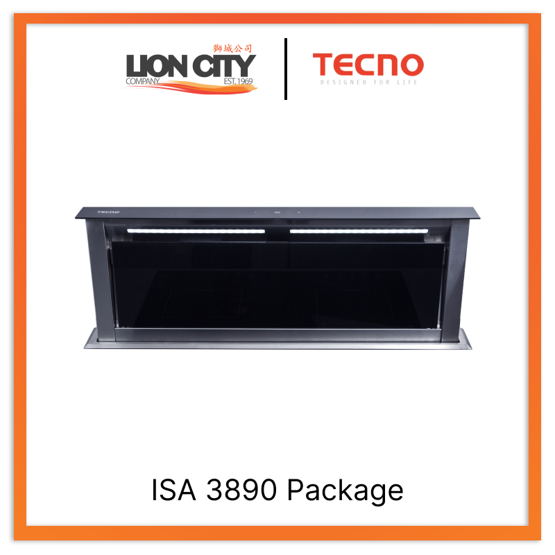 Tecno Uno ISA 3890 Package Down Draft Hood Black Tempered  Glass W/ Stainless Steel Trim 90cm, 4 Speeds Electronic Sensor, Elevator Hood Body