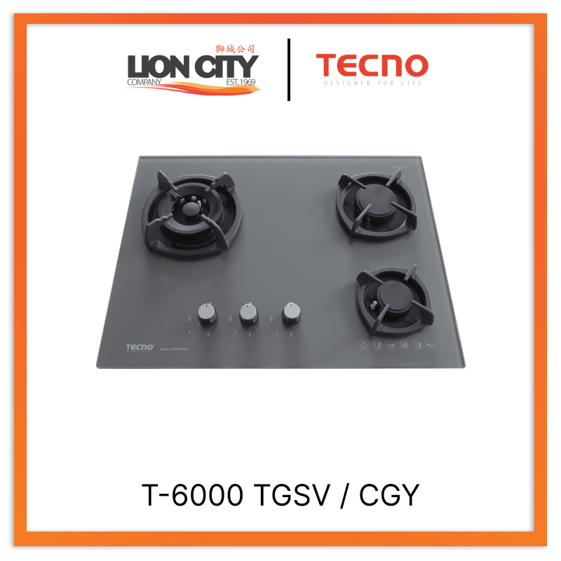 Tecno Uno T-6000 TGSV / CGY Toughened Glass Hob (SCHOTT) Ceran Grey 65cm, V.V.S, INFERNO* (Big Burner) 3 Burner (1x Big, 1x Medium, 1x Small)