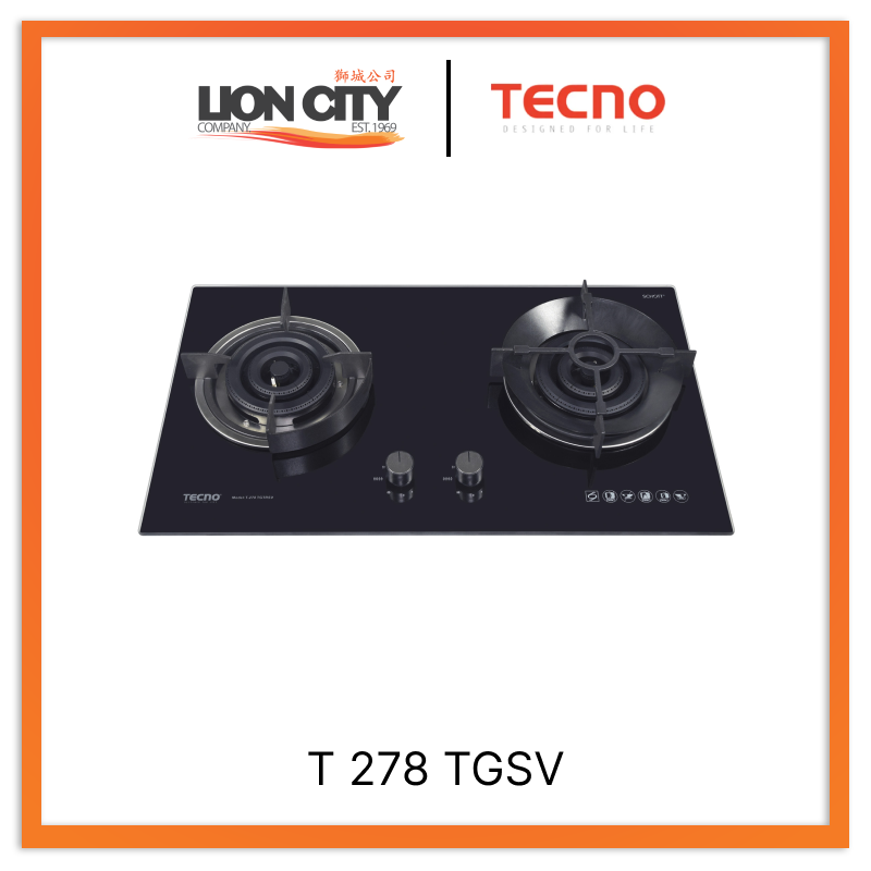 Tecno Uno T 278 TGSV Toughened Glass Hob (SCHOTT) Black 78cm, V.V.S  2 Burners (2x Triple Ring)