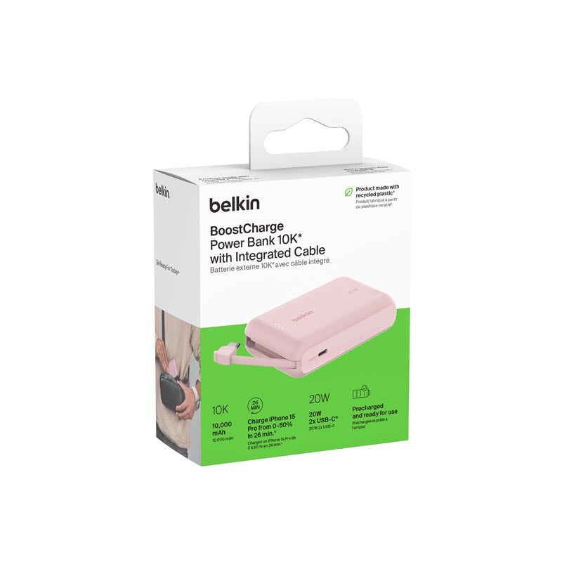 Belkin BoostCharge 10000mAh Power Bank with Integrated Cable Pink
