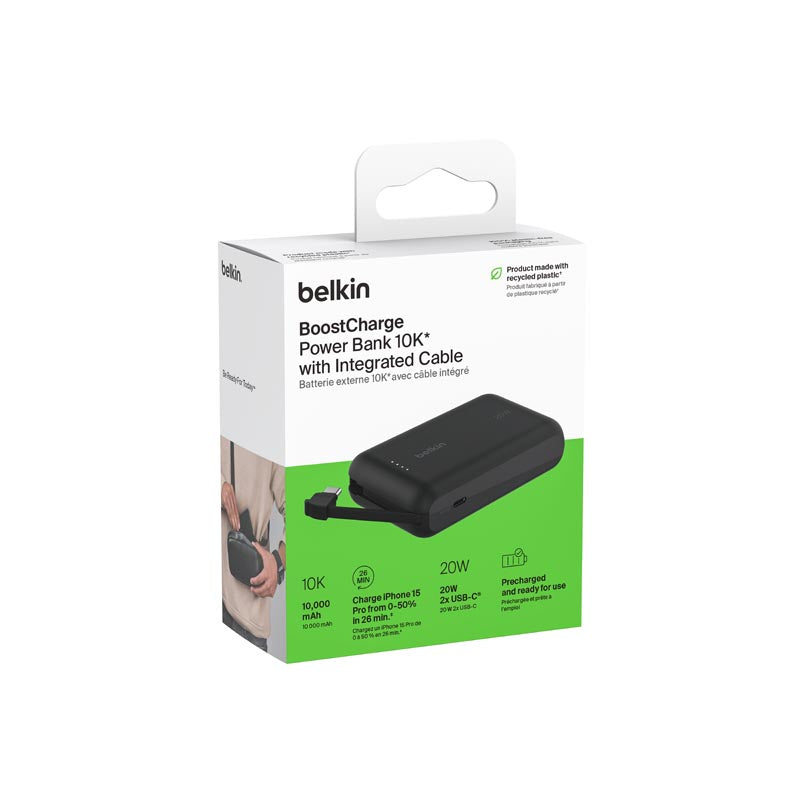 Belkin BoostCharge Power Bank 10K with Integrated Cable Black