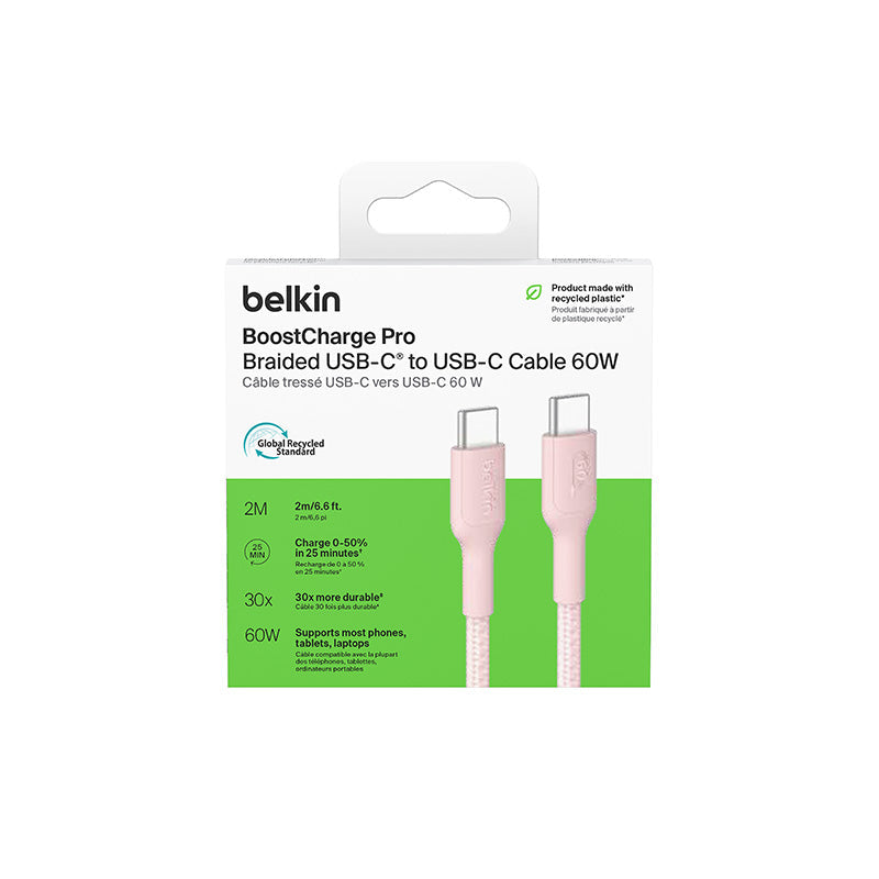 Belkin BoostCharge Pro 60W USB-C to USB-C Braided Cable 2m Pink