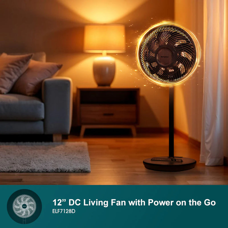Europace ELF7128DWH/ELF7128DWD 12” Portable DC High Velocity Fan w Ambient Light (Power Bank Compatible), 3D Oscillation, Easy Clean