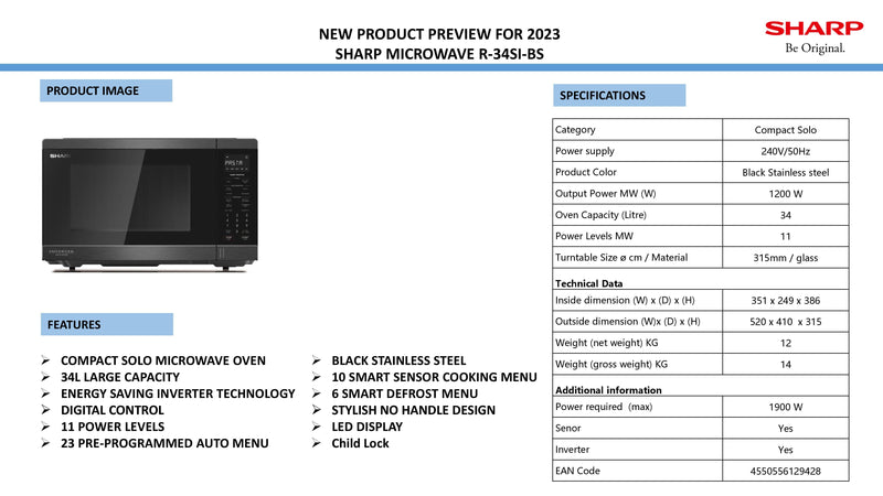 Sharp R-34SI 34L Inverter Microwave Oven with LED Display