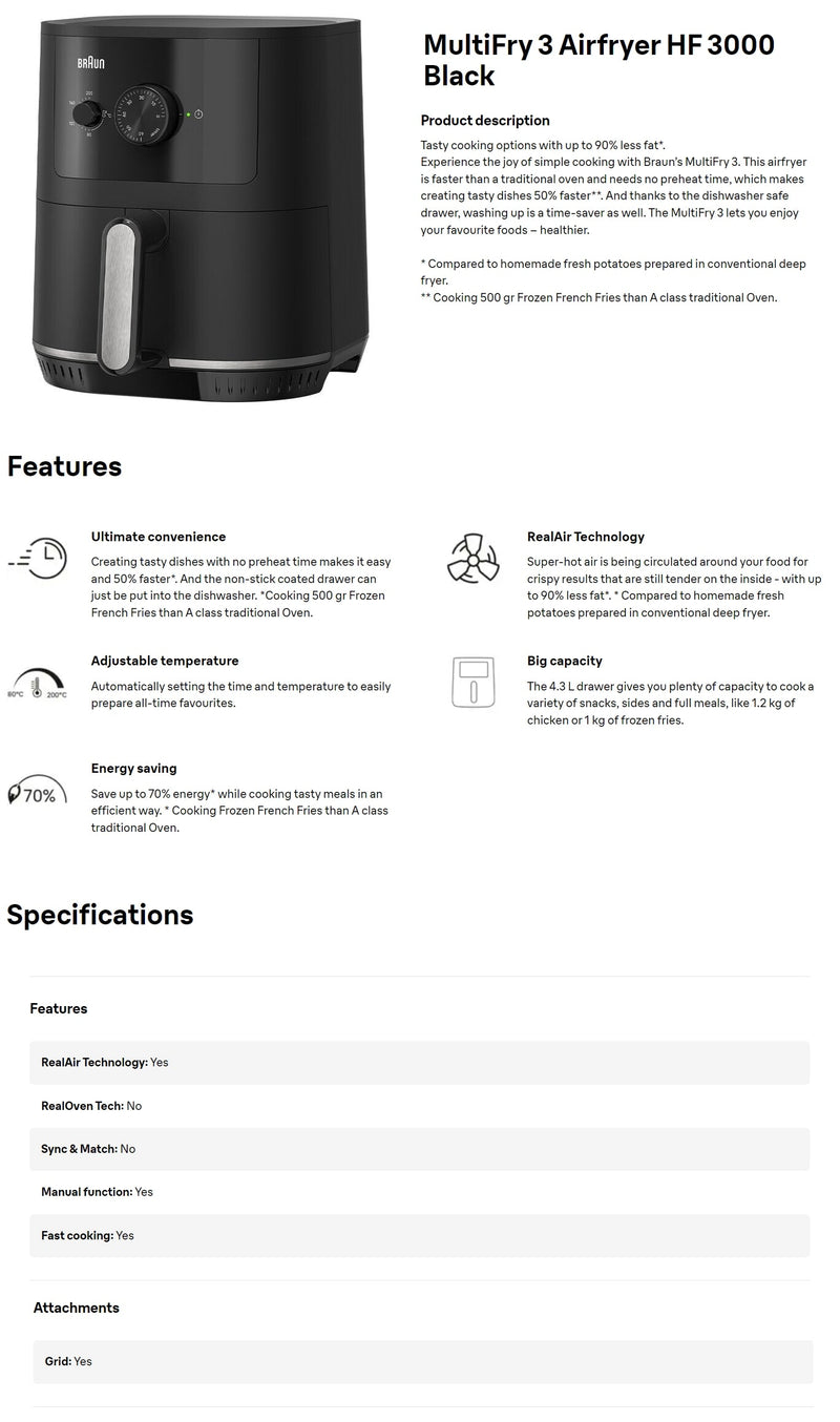 Braun HF3000 MultiFry 3 Mechanical Airfryer 4.3L with RealAir Technology