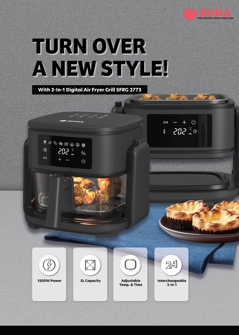 Sona SFRG2773 2-in-1 Digital Air Fryer Grill 5L Capacity
