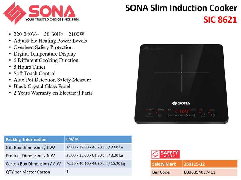 Sona SIC8621 Slim 2100W Induction Cooker with Digital Display