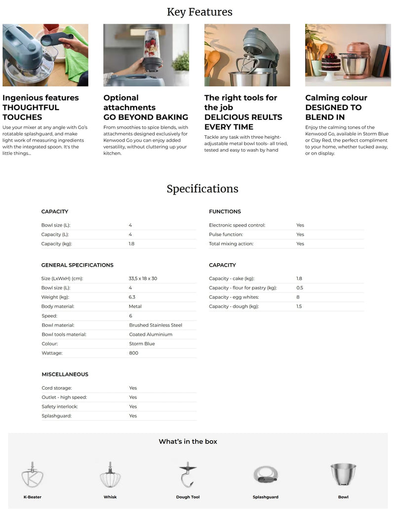 Kenwood GO Stand Mixer 4L – 800W Compact Stainless Steel Bowl