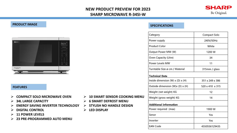 Sharp R-34SI 34L Inverter Microwave Oven with LED Display
