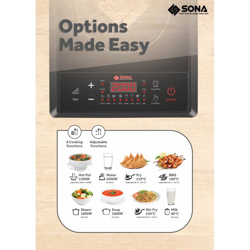 Sona SIC8655 2000W Multi-Function Induction Cooker with Free Pot