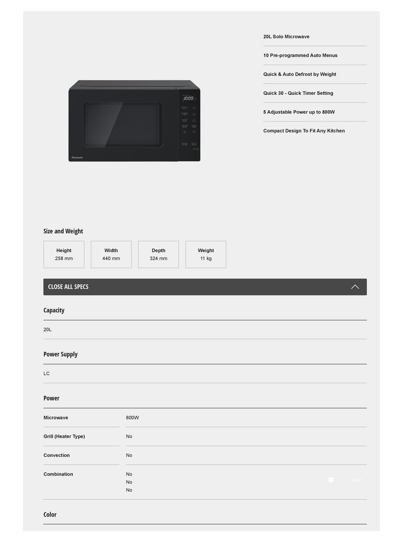 Panasonic 20L Solo Microwave Oven with 10 Auto Menus