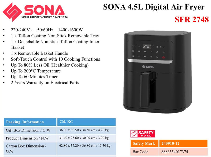Sona SFR2748 Digital Air Fryer 4.5L with 10 Functions