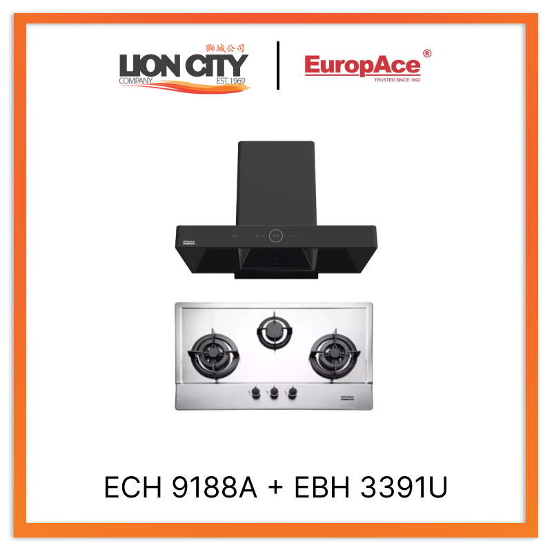 Europace ECH9188A 90CM Premium T-Chimney Hood + EBH3391U Otimmo 3 Burner 90cm Slim Built-in Gas Hob Cooker  (Stainless Steel)