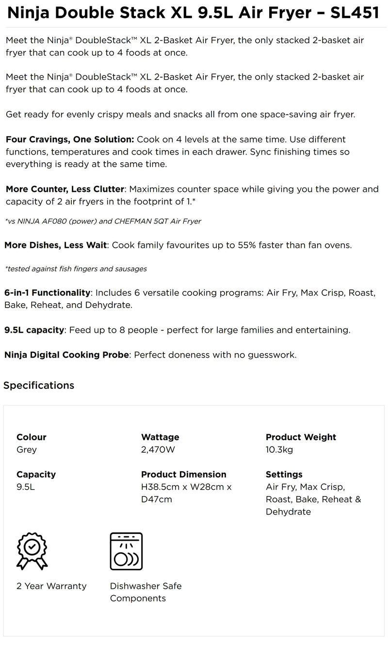 Ninja SL451SM Double Stack XL 9.5L Air Fryer