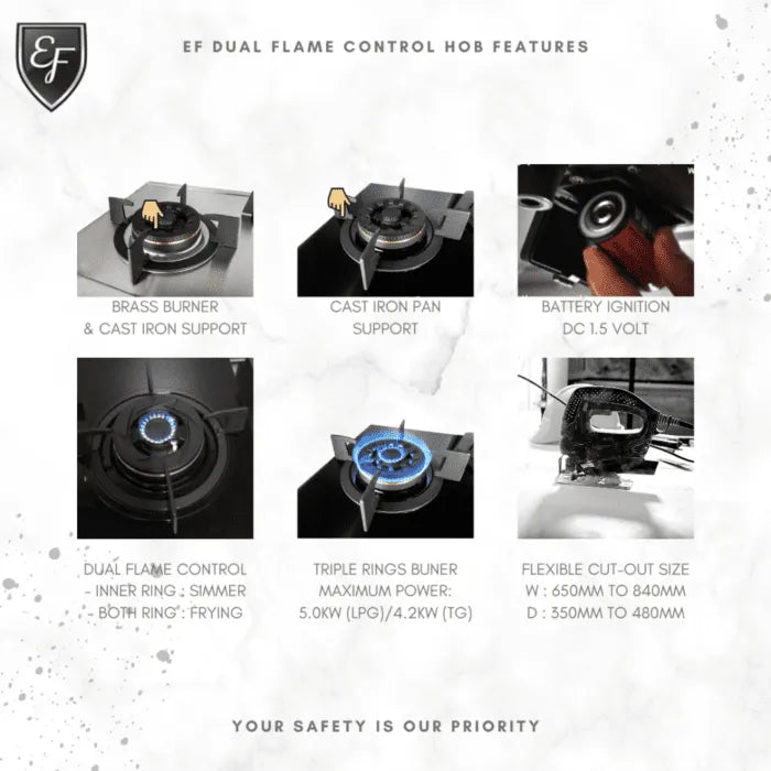 EF EFH 3211 WT VGB 30 cm, Single Burner, Battery Ignition, Black Glass (LPG/TG Non Convertible)
