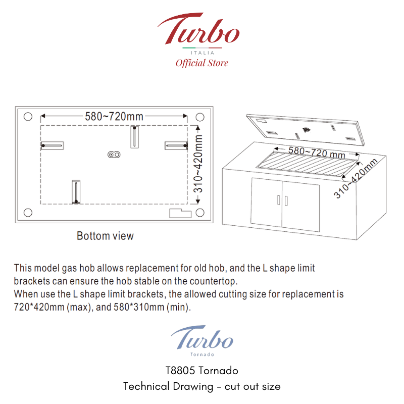 Turbo Italia Tornado T8805 78cm 2-Burner Built-in Glass Hob
