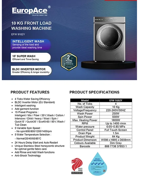 EuropAce EFW 9102Y 10 Kg Front Load Washing Machine + EDY8801YWH Heat Pump Dryer