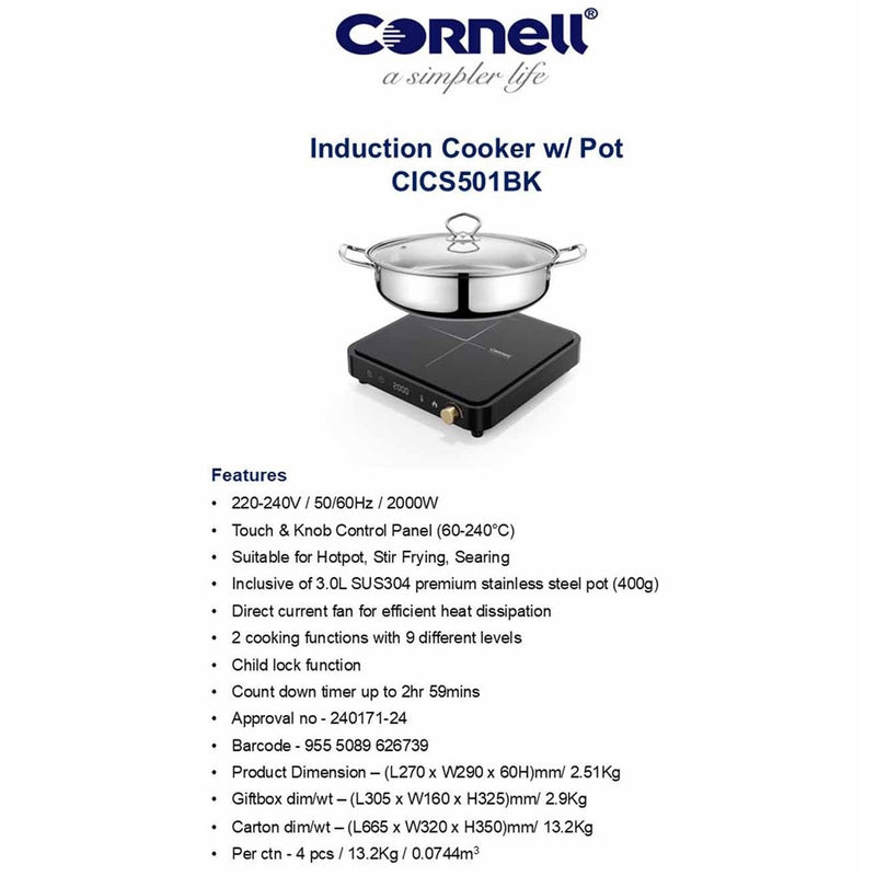 Cornell CICS501BK 2000W Induction Cooker with Premium Stainless Steel Pot