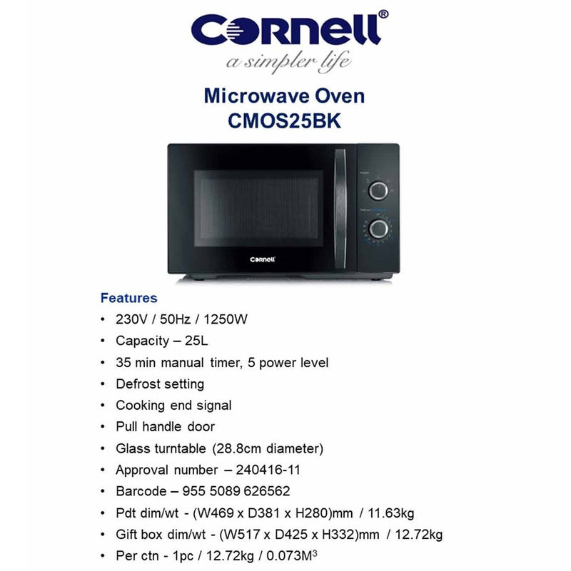 Cornell CMOS25BK 25L Microwave Oven with Glass Turntable