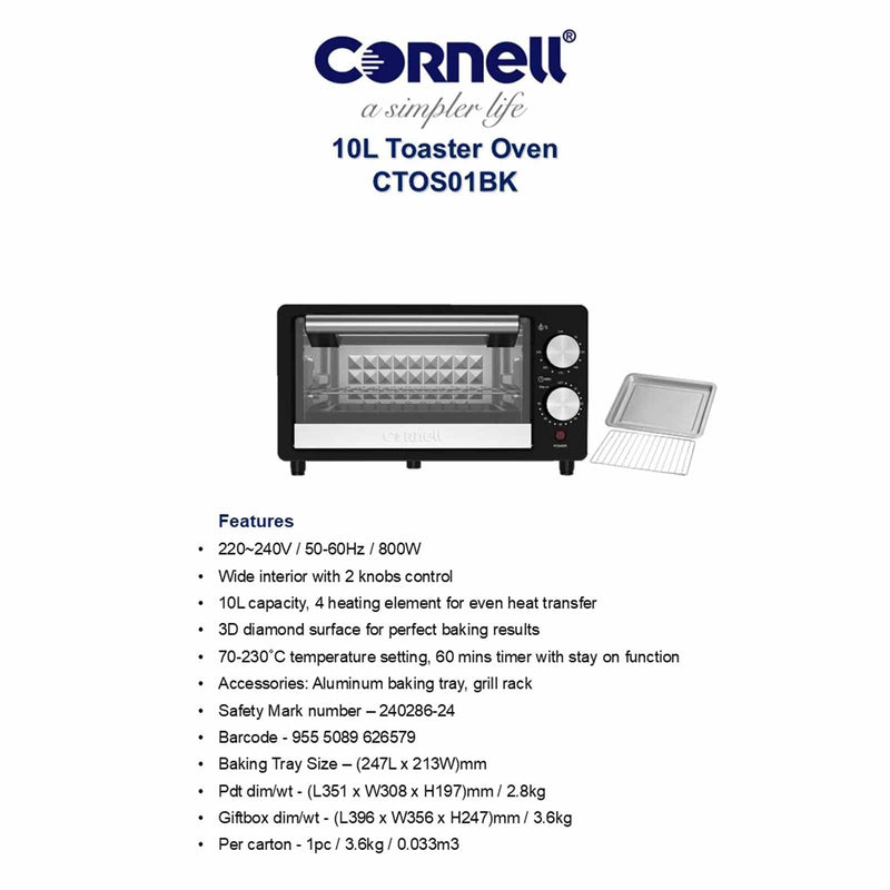 Cornell CTOS01BK 10L Countertop Toaster Oven with 4‑Element Heating