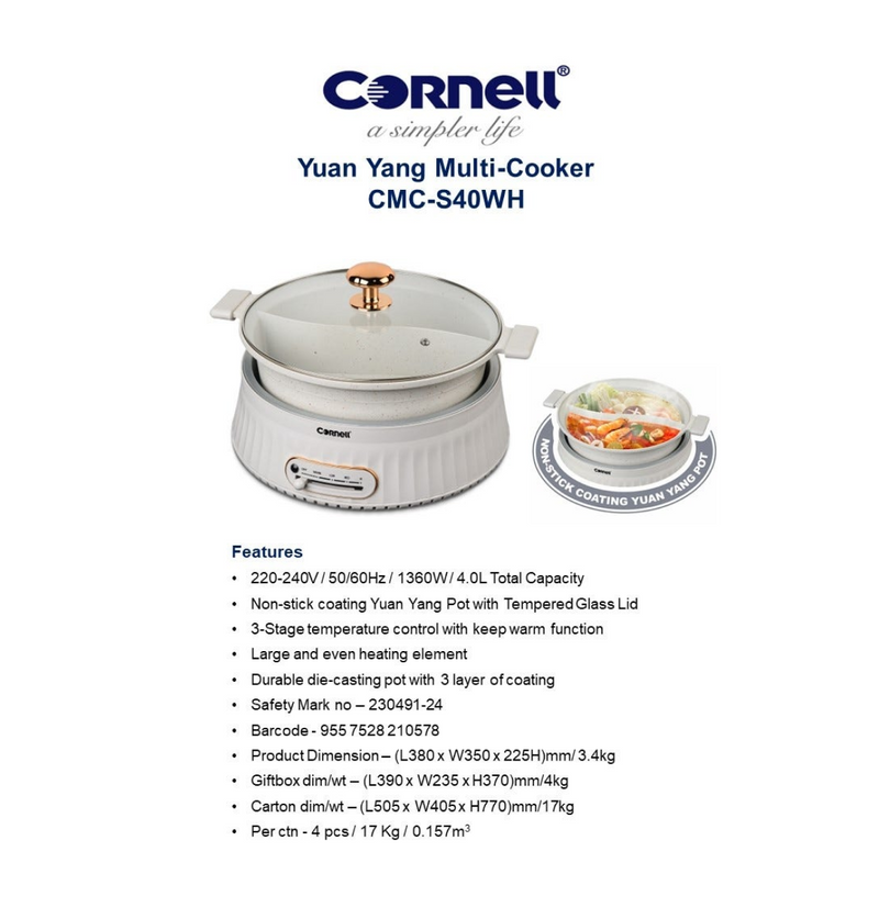 Cornell CMCS40WH Yuan Yang Multi Cooker 4L