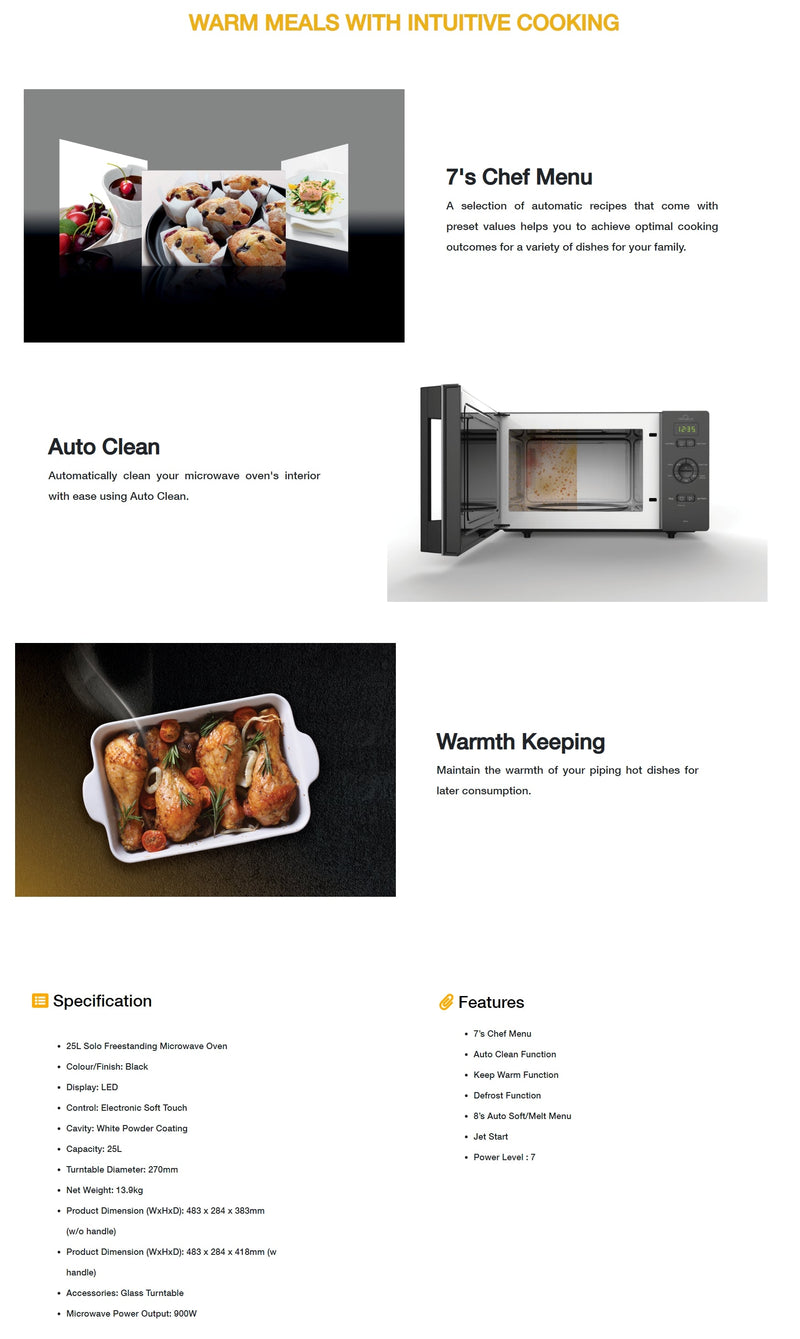 Whirlpool MS2502B 25L Solo Freestanding Microwave Oven with Auto Cook