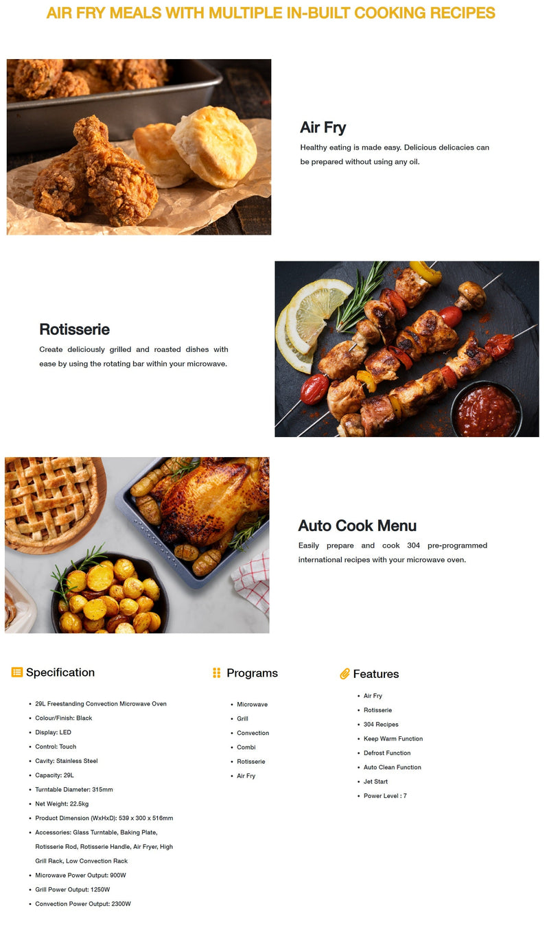 Whirlpool 29L Freestanding Convection Microwave Oven with AirFry Technology