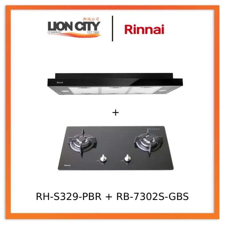 RINNAI RH-S329-PBR 90CM SLIMLINE HOOD WITH TOUCH CONTROL + RINNAI RB-7302S-GBS 2-BURNER TEMPERED GLASS GAS HOB