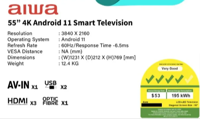 Aiwa ZQ-AM8U55UHD 55″ | 4K HDR | Android 11 Smart TV | Frameless TV | Ticks 4 | Q LED