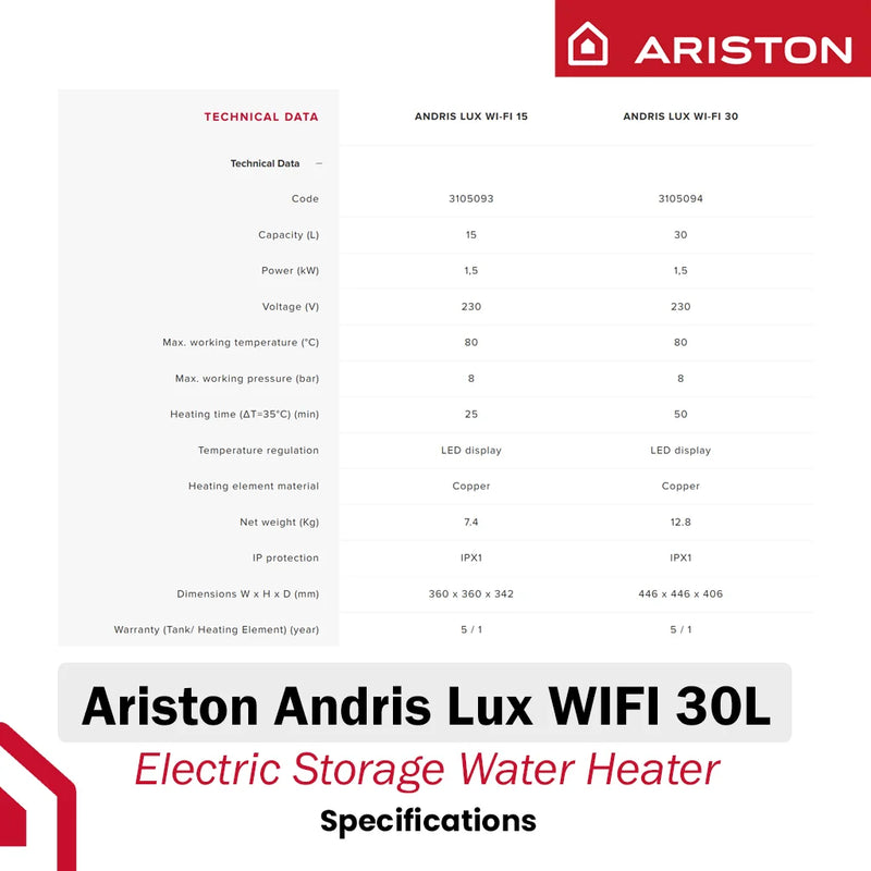 Ariston 30L Storage Water Heater Andris Lux WIFI 30L