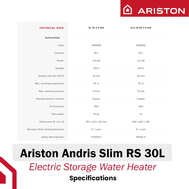 Ariston 30L Storage Water Heater Andris Slim RS 30L