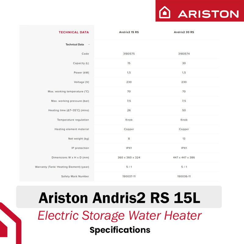 Ariston 15L Storage Water Heater Andris2 RS 15L
