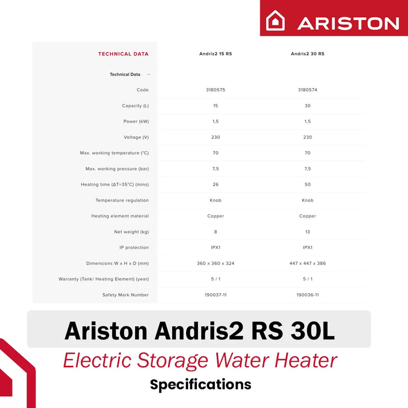 Ariston 30L Storage Water Heater Andris2 RS 30L