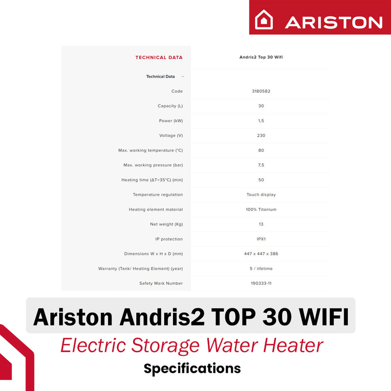 Ariston 30L Storage Water Heater Andris2 TOP 30 WIFI