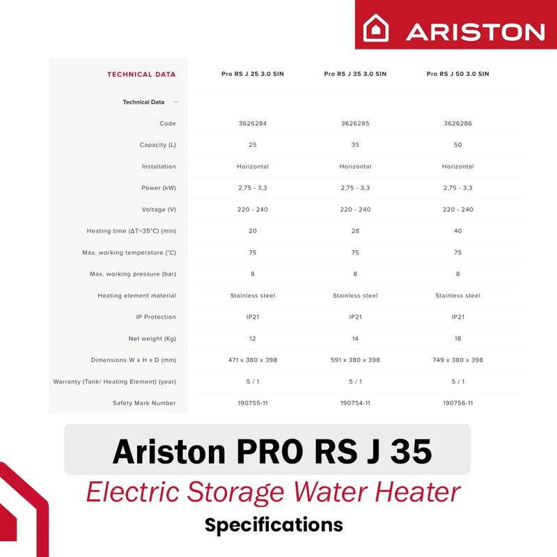 Ariston 35L Storage Water Heater Pro RS J 35 3.0 SIN