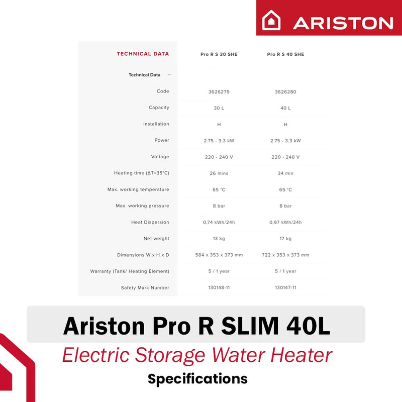 Ariston 40L Storage Water Heater Pro R Slim 40 SHE