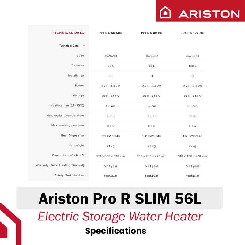 Ariston 56L Storage Water Heater Pro R Slim 56 SHE