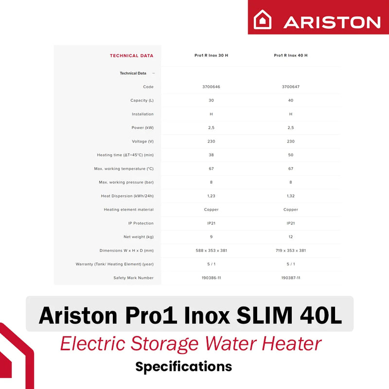 Ariston 40L Storage Water Heater Pro1 R Inox SLIM 40L