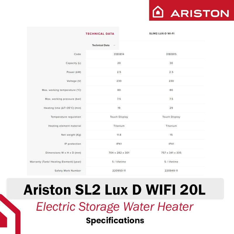 Ariston 20L Storage Water Heater Slim2 Lux D WIFI 20L