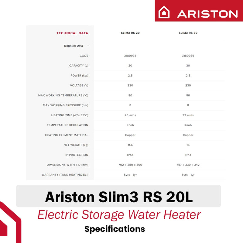 Ariston 20L Storage Water Heater Slim3 RS 20L