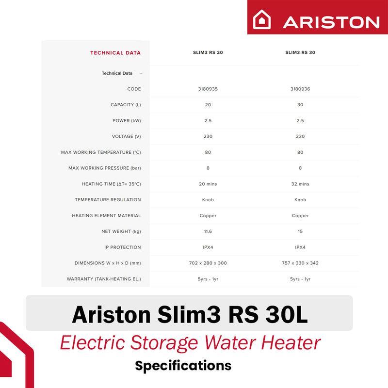 Ariston 30L Storage Water Heater SLIM3 RS 30