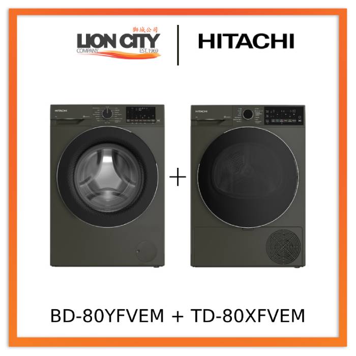 Hitachi BD-80YFVEM Front Loading - Washer Steam & Hygiene Easy Iron Inverter + Hitachi TD-80XFVEM Tumble Dryer