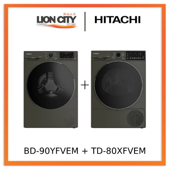 Hitachi BD-90YFVEM Front Loading - Washer Steam & Hygiene Easy Iron Inverter + Hitachi TD-80XFVEM Tumble Dryer