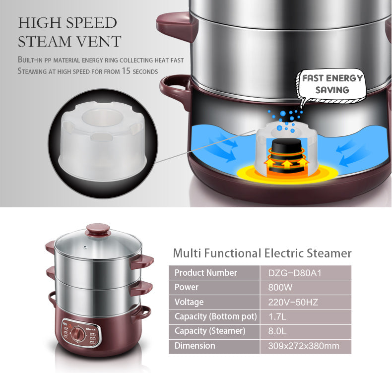 Bear 800W 8.0L 2-Tier Steamer and Steamboat DZG-D80A1