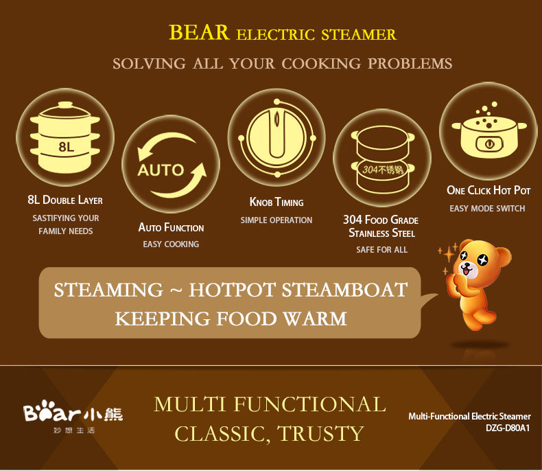 Bear 800W 8.0L 2-Tier Steamer and Steamboat DZG-D80A1