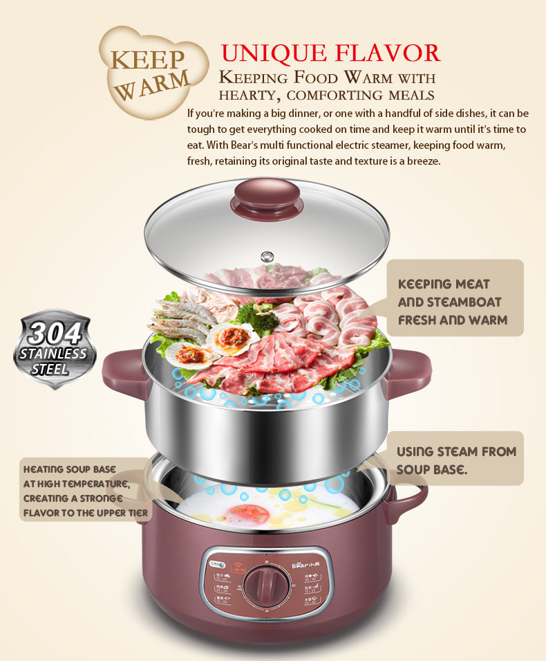 Bear 800W 8.0L 2-Tier Steamer and Steamboat DZG-D80A1