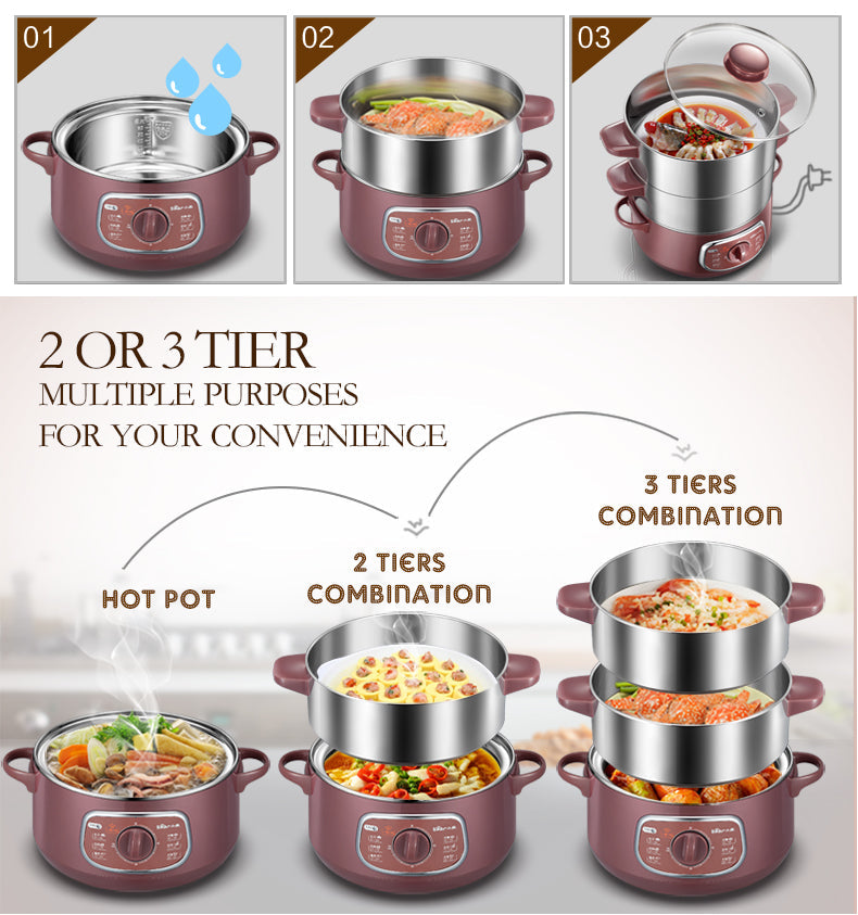 Bear 800W 8.0L 2-Tier Steamer and Steamboat DZG-D80A1