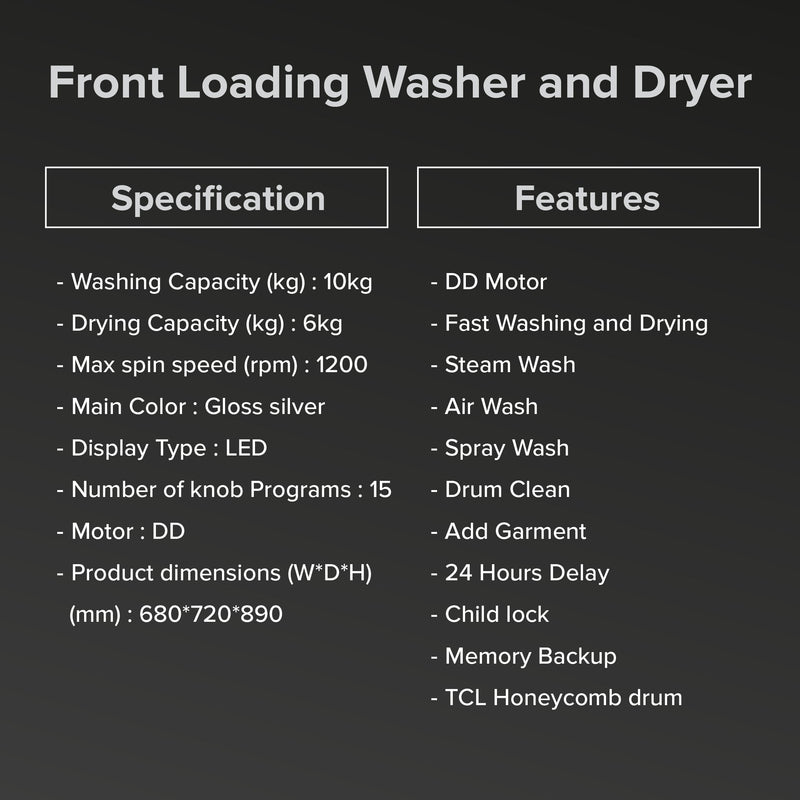 TCL C2110WD Washer & Dryer Combo DD Inverter 10KG Washer | 6KG Dryer