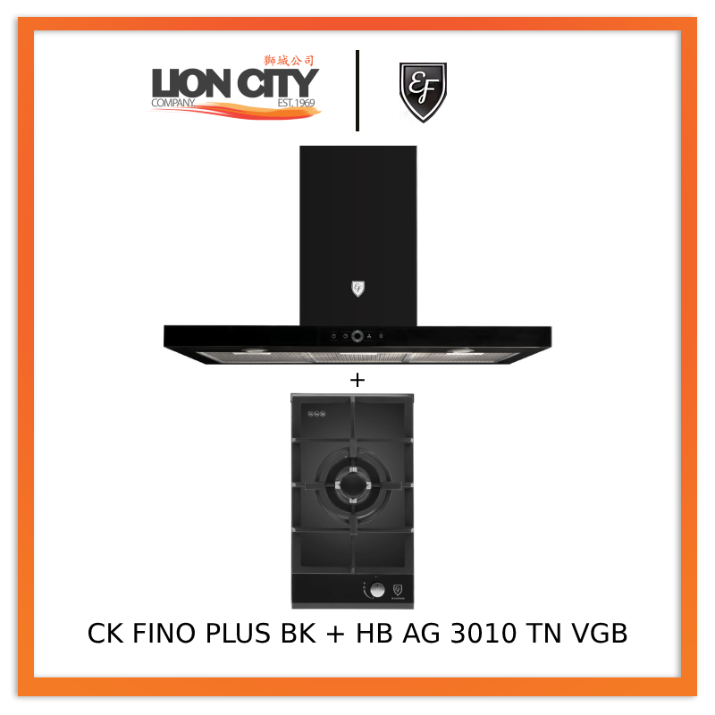 EF 90cm Chimney Hood CK FINO PLUS BK + HB AG 3010 TN VGB 30cm Hob Single Burner